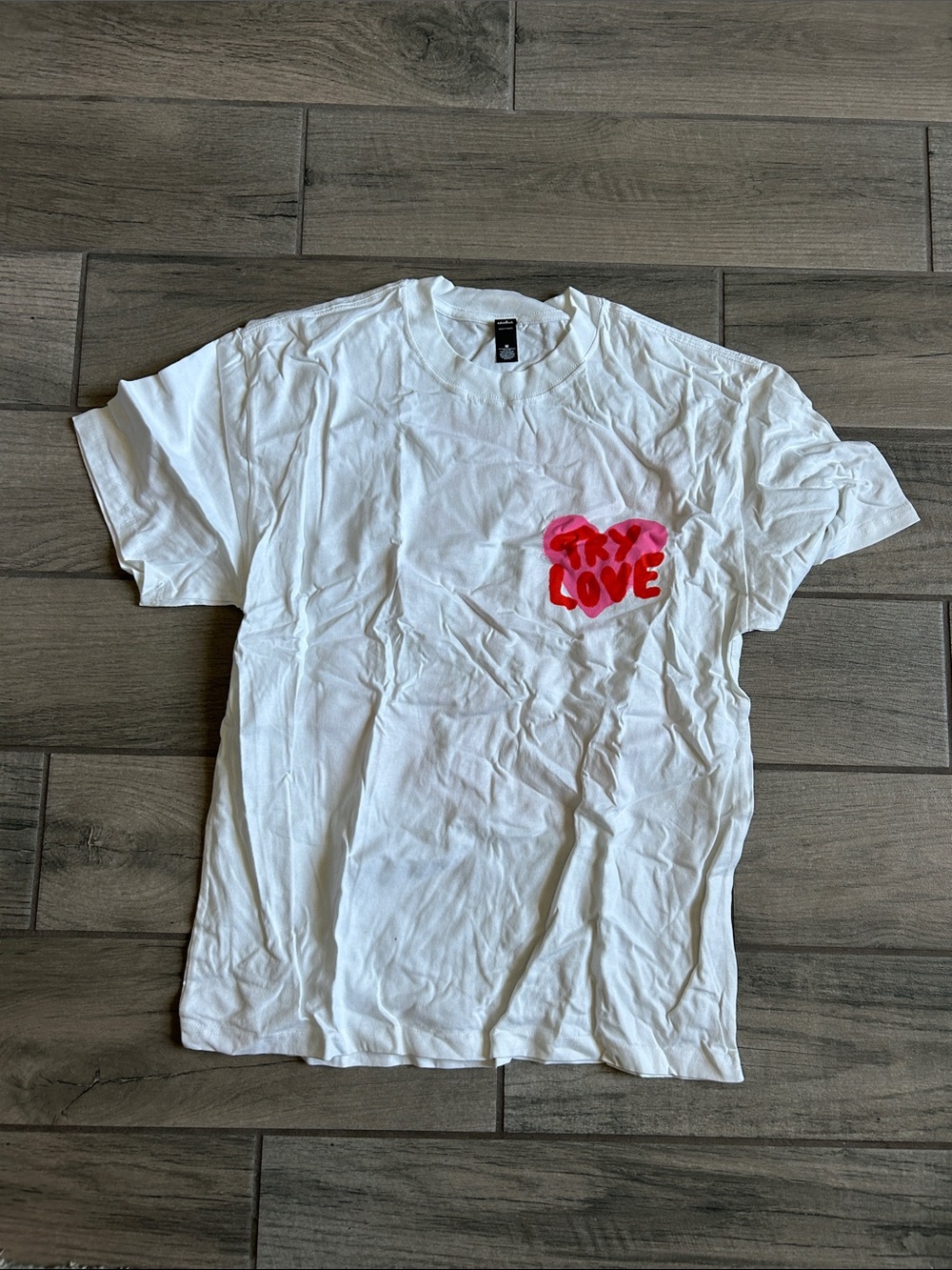 White Short Sleeve Tee with Pink Heart 'Try Love' Graphic